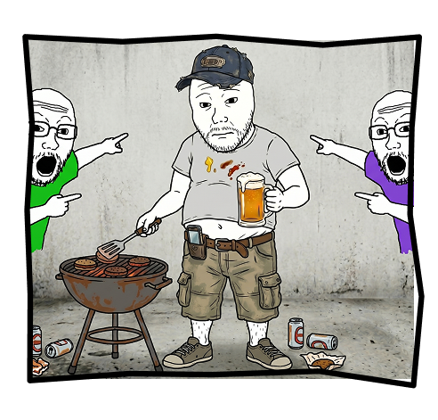 Dad grilling while others point